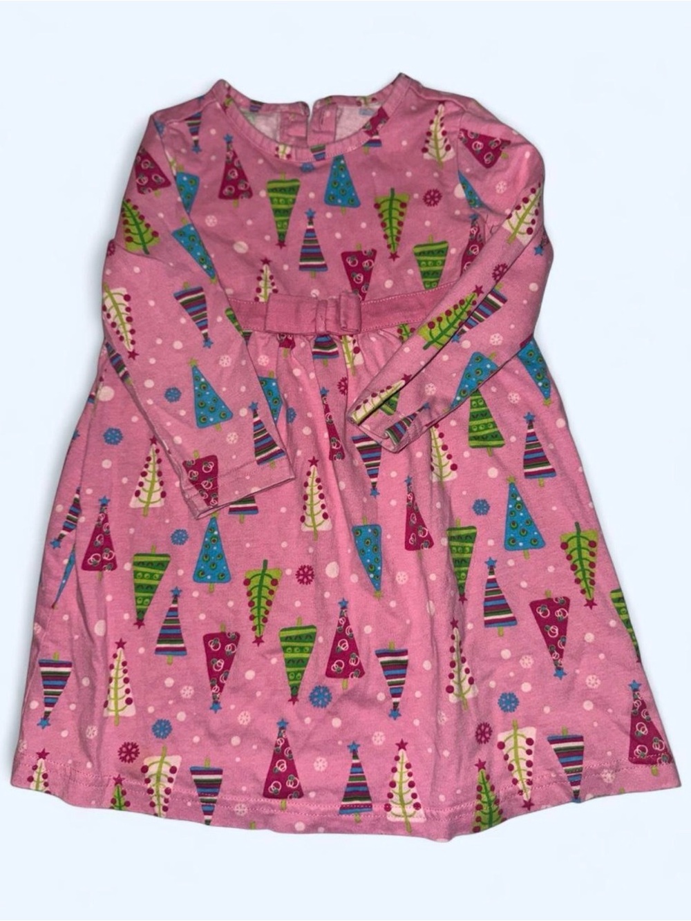 Girls Pink Holiday Tree Print Long-Sleeve Casual Dress